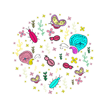 Hand drawn seamless pattern with insects. Butterfly, bugs, ladybug.のイラスト素材