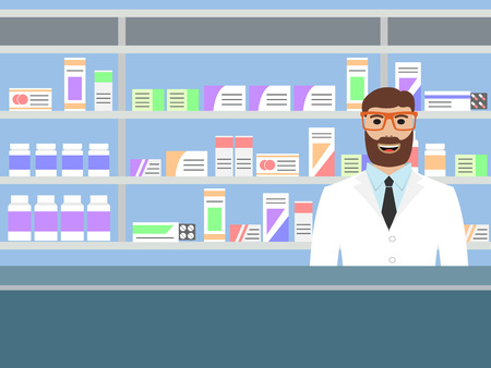 Male pharmacist with beard standing near shelves with medications, vector illustrationのイラスト素材
