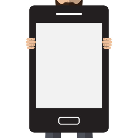 Man with beard holding phone, vector illustration.のイラスト素材
