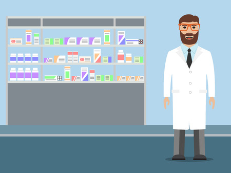 Male pharmacist with beard standing near shelves with medications, illustrationのイラスト素材