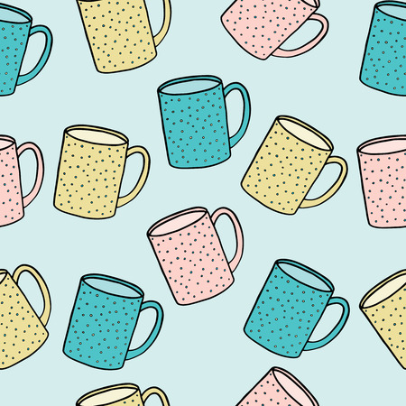 Seamless pattern of tea and coffee bright cups. Vector illustration hand drawn collection.のイラスト素材