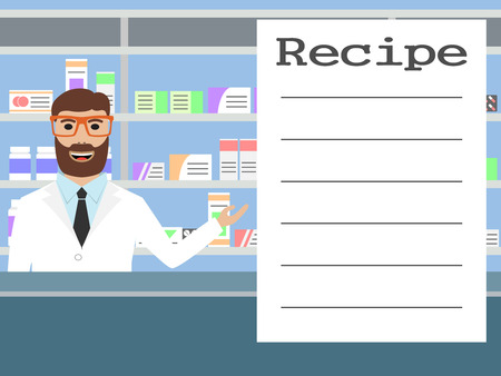Male pharmacist with beard standing near shelves with medications and recipe placard, vector illustrationのイラスト素材
