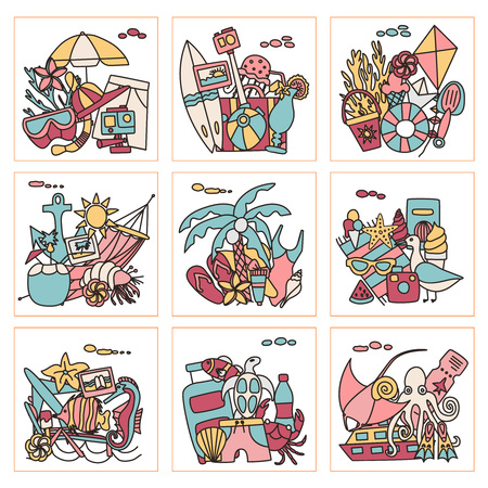 Vacation doodles vector illustration set. Handmade icons collection of summertime symbols ticket, airplane, boat, cocktail, octopus, chaise, fish, seagull bikini and othersのイラスト素材