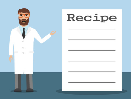 Male pharmacist with beard standing near shelves with medications and recipe placard, vector illustrationのイラスト素材