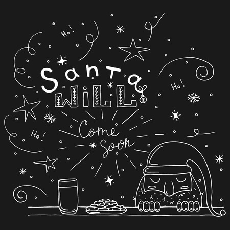 Santa with cookies and milk. New year hand lettering. Santa will come soon. Vector illustrationのイラスト素材