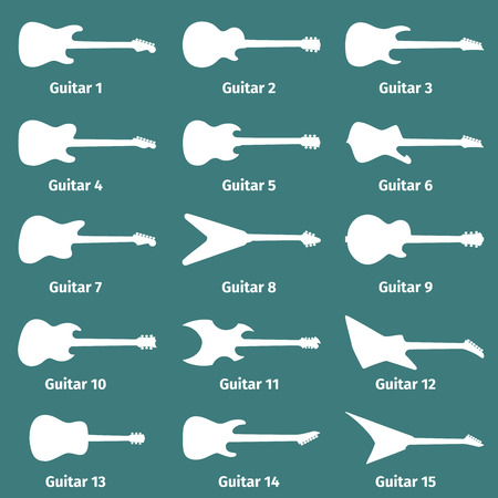 Guitar icons set, fifteen different models, vector illustrationのイラスト素材