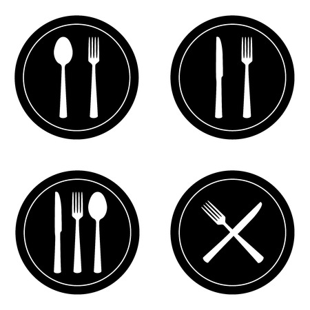 Advertising card with fork, dish, knife and spoon silhouette, vector illustrationのイラスト素材