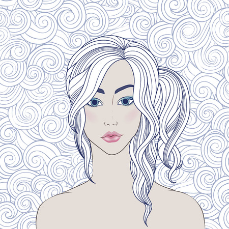 Vector fashion portrait of a girl. Female face with make-up and hair, hair, lines on a background of waves isolated illustration.のイラスト素材