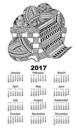 Vector illustration of vertical 2017 calendar with a ball of yarn, thread and knit a scarf in a wicker basket boho zentagle. Black and white background pattern with swirls and linesのイラスト素材