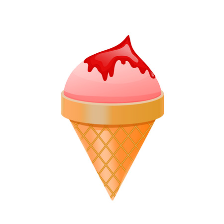 Vector illustration of strawberry sorbet ice cream in waffle cone with jam syrup isolated on white background. Icon symbol of food mobile applications, advertising banners. appのイラスト素材