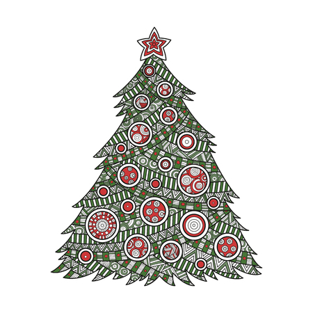 illustration color coloring for adults Christmas tree coloring ink with Christmas balls and a star.  pattern ornament , happy new year holiday celebration in December merry xmasのイラスト素材