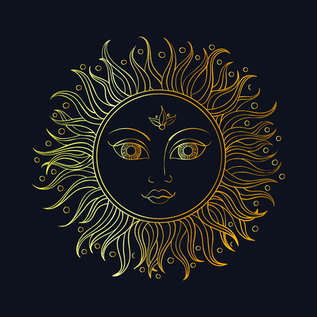 illustration coloring adult ethnic sun ornament. Abstract pattern in Indian style for the gold boho mehendi and tattooのイラスト素材