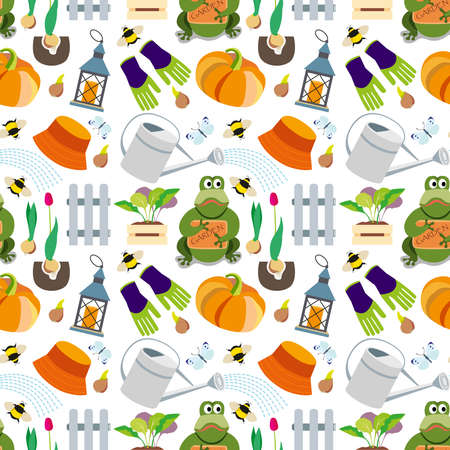 Seamless pattern sleep gardening theme with garden figure. Background. Texture. Work and rest in the garden. Harvest.のイラスト素材