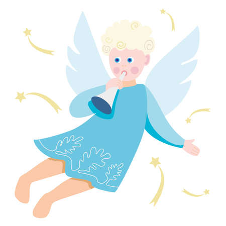 Illustration of a Christmas angel playing a horn on a white background. Children's illustration with an angel.のイラスト素材