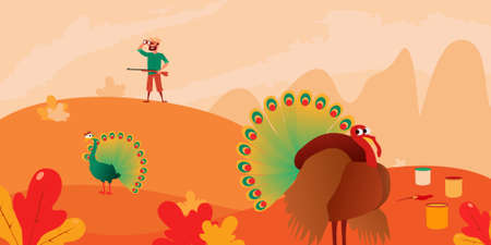 Vector illustration for thanksgiving day with funny turkey and hunter