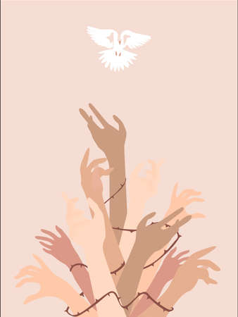 human rights, individual rights day, raised hands shackled in thorns, and a flying pigeonのイラスト素材