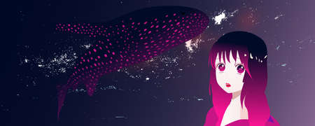 Abstract surrealism with a whale in the sky and a girl. Vector illustration.のイラスト素材
