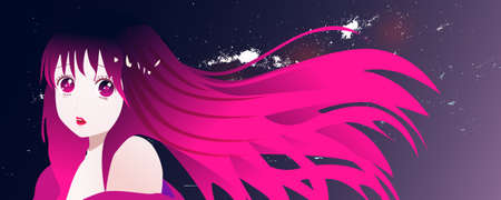 Aesthetic illustration of a girl at dusk, The wind in your hair, and breathtaking aurora views of the night skyのイラスト素材