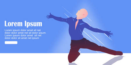 Cartoon illustration of a faceless man skating on ice on an abstract blue backgroundのイラスト素材