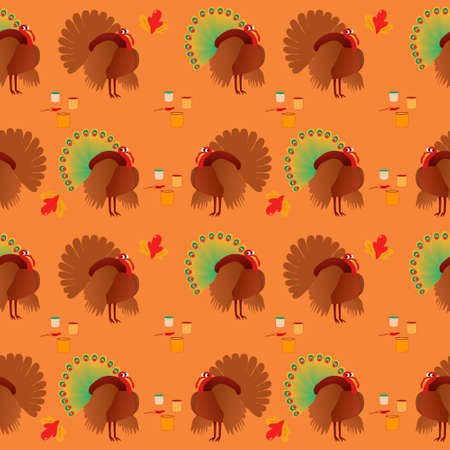 Seamless pattern with funny turkeys and autumn leavesのイラスト素材