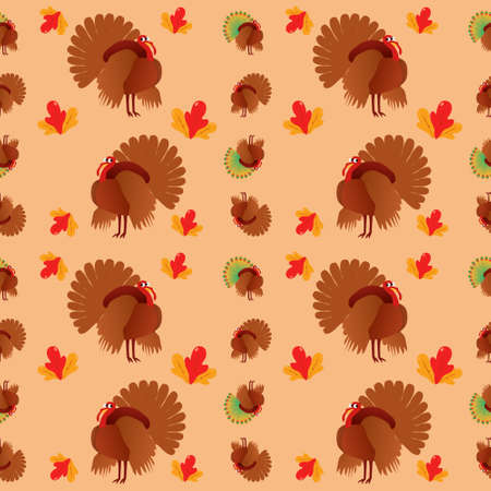 Seamless pattern with funny turkeys and autumn leavesのイラスト素材