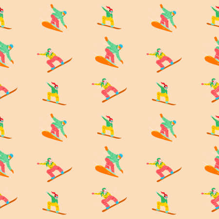 seamless vector pattern with snowboarders on yellow backgroundのイラスト素材