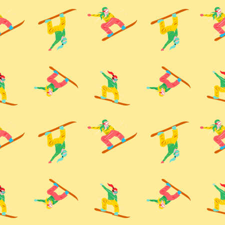 seamless vector pattern with snowboarders on yellow backgroundのイラスト素材