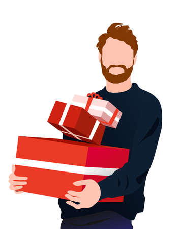 Vector illustration of a happy man holding gifts in his handsのイラスト素材