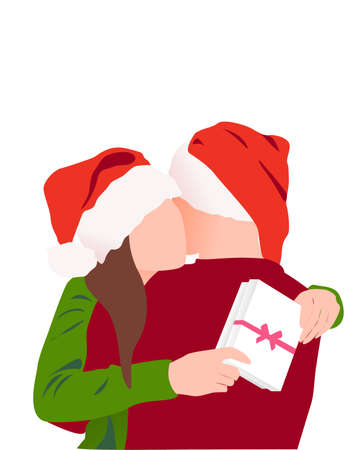 Vector illustration of a happy girl holding gifts in her hands, hugging her boyfriendのイラスト素材