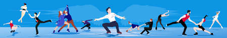 Set of cartoon character abstract people skating on ice on abstract blue backgroundのイラスト素材
