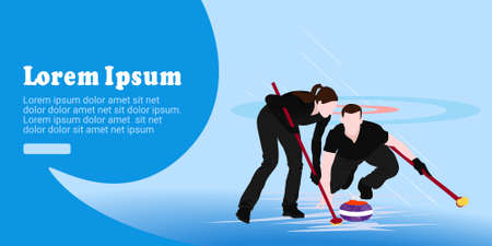 UI design of an abstract man and woman playing on a rectangular sheet of ice on a blue background. Curlingのイラスト素材