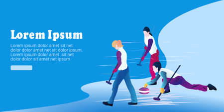 UI design of an abstract team playing on a rectangular sheet of ice on a blue background. Curling