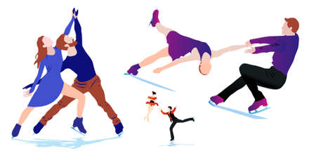 Cartoon illustration  of abstract man and woman skating on ice on white backgroundのイラスト素材