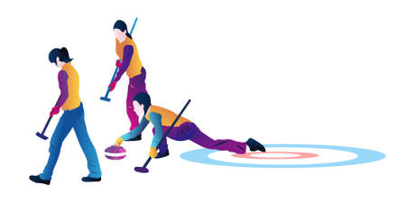 Cartoon illustration of an abstract team playing on a rectangular sheet of ice on a blue background. Curlingのイラスト素材