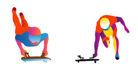 Cartoon illustration of an abstract man riding a two-strip sled on an ice chute on blue background. skeletonのイラスト素材