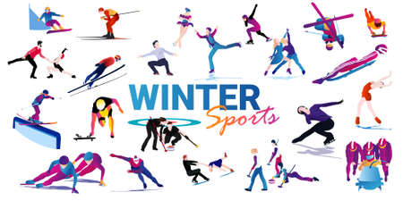 Set of winter sports in flat style isolated on white backgroundのイラスト素材