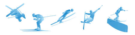 UI design of an abstract man ski jumping on a blue background. Ski Jumping, Freeski Big Air, Freeski Halfpipeのイラスト素材