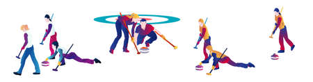 Cartoon illustration of an abstract team playing on a rectangular sheet of ice on a blue background....