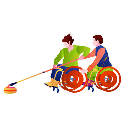Cartoon illustration of wheelchair curlers team, push the stone with a cue. Wheelchair curling vector.のイラスト素材
