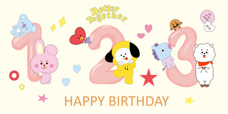 Seoul, South Korea - 01.09.2019: Korean brand BT21 collectible figures. Birthday card vector design for a print, banner, or poster. Vector editorial.のイラスト素材