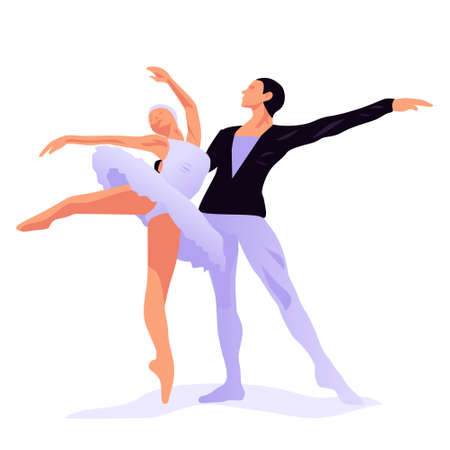 Vector illustration of a pair of ballet dancers in flat style. Beautiful and graceful pair dancing on a dance stand.のイラスト素材