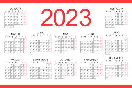 Calendar for the 2023 year. The week starts on Saturday. January. monthly planner templateのイラスト素材