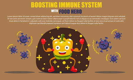 cute and cool cartoon character paprika hero fights viruses and bacteria. concept of food functioning to boost the immune system.
vector illustration.のイラスト素材