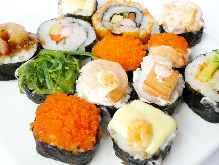 Japanese food. Sushi on white plate isolated on white background.の写真素材