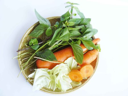 Vegetable set for healthy diet food. The green Sweet Basil or Thai Basil, Orange carrot and white cabbages. Isolate on white background.の写真素材