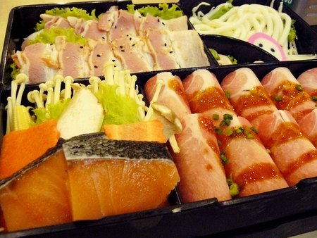 Fresh food set. Fish, bacon, pork, mushroom, vegetables and noodle for BBQ set in asian style.の写真素材