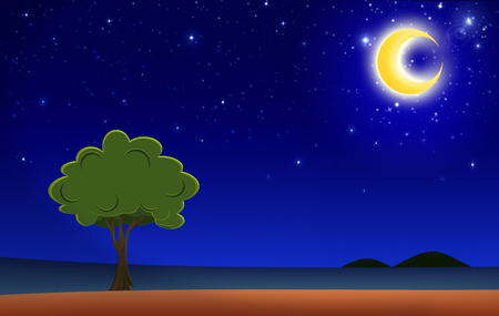 Illustration of big tree standing alone in a rural under the crescent moon light in a beautiful night landscape.の写真素材