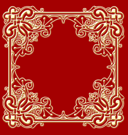 Illustration of antique oriental frame, Classic of golden frame isolated on red background.の写真素材