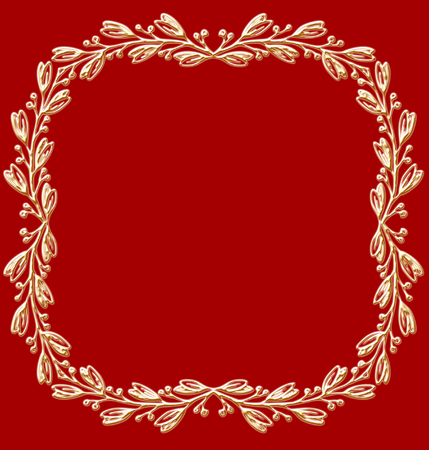 Illustration of antique oriental frame, Classic of golden frame isolated on red background.の写真素材
