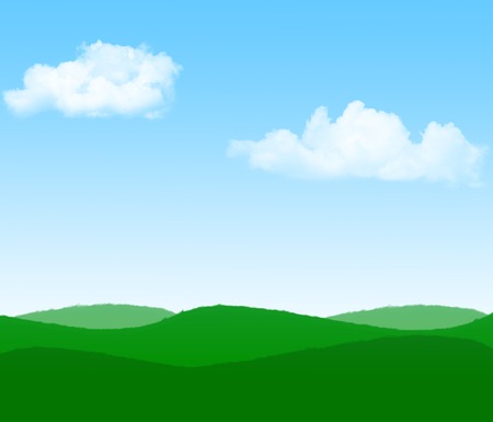 Illustration of green meadow and beautiful blue sky with white fluffy clouds in a bright summer day landscape.の写真素材